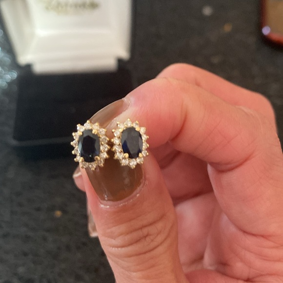 14K Gold Diamond 1.18ct Sapphire Small Halo Oval Stud Earrings - Picture 7 of 7